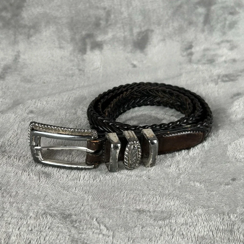 VTG Brighton Dark Brown Braided Belt Size 28 Silver Buckle Western